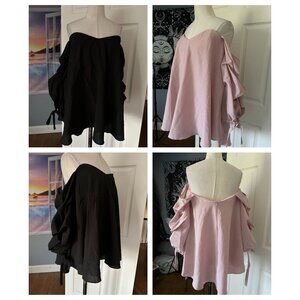 2Love chic strapless black & pink top with long ruffled sleeves Large